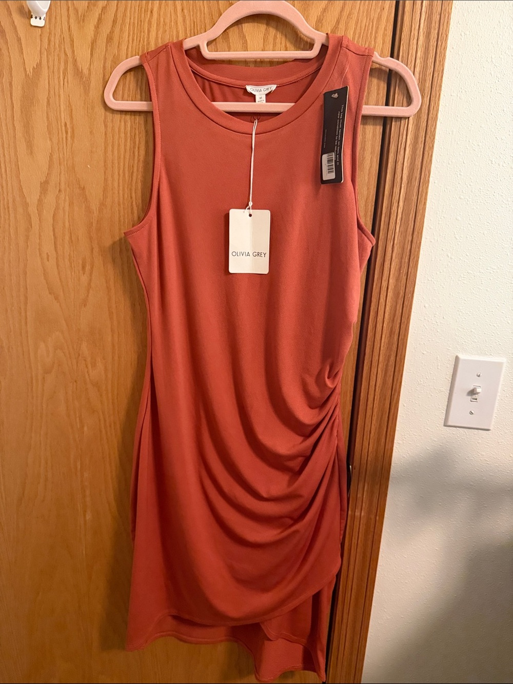 Olivia Grey Midi Dress in Warm Rust with Side Drape